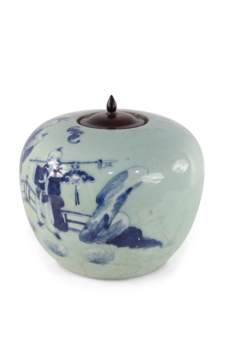 Chinese Celadon and Blue Figurative Lidded Porcelain Ginger Jar In Good Condition For Sale In New York, NY