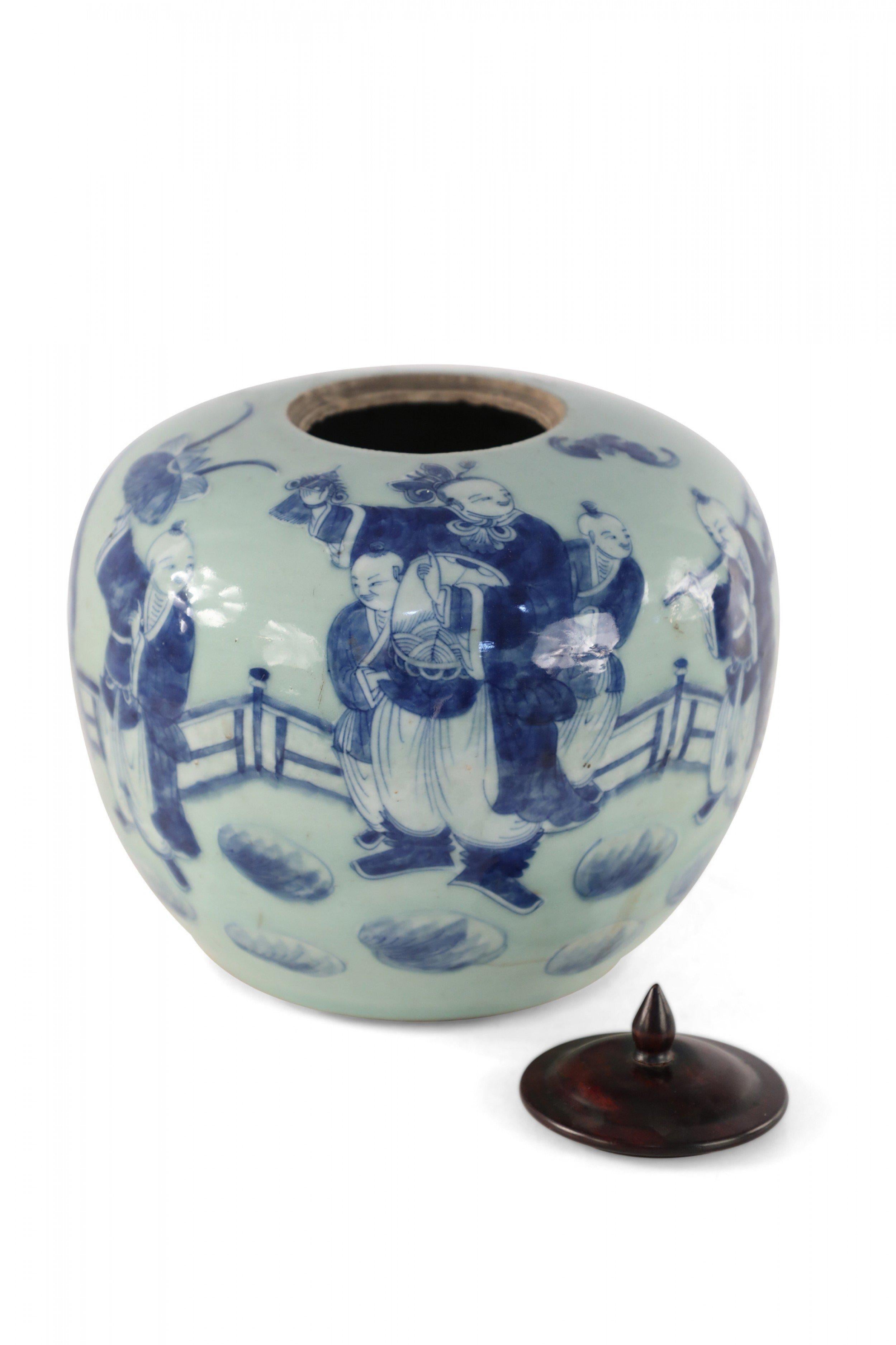 20th Century Chinese Celadon and Blue Figurative Lidded Porcelain Ginger Jar