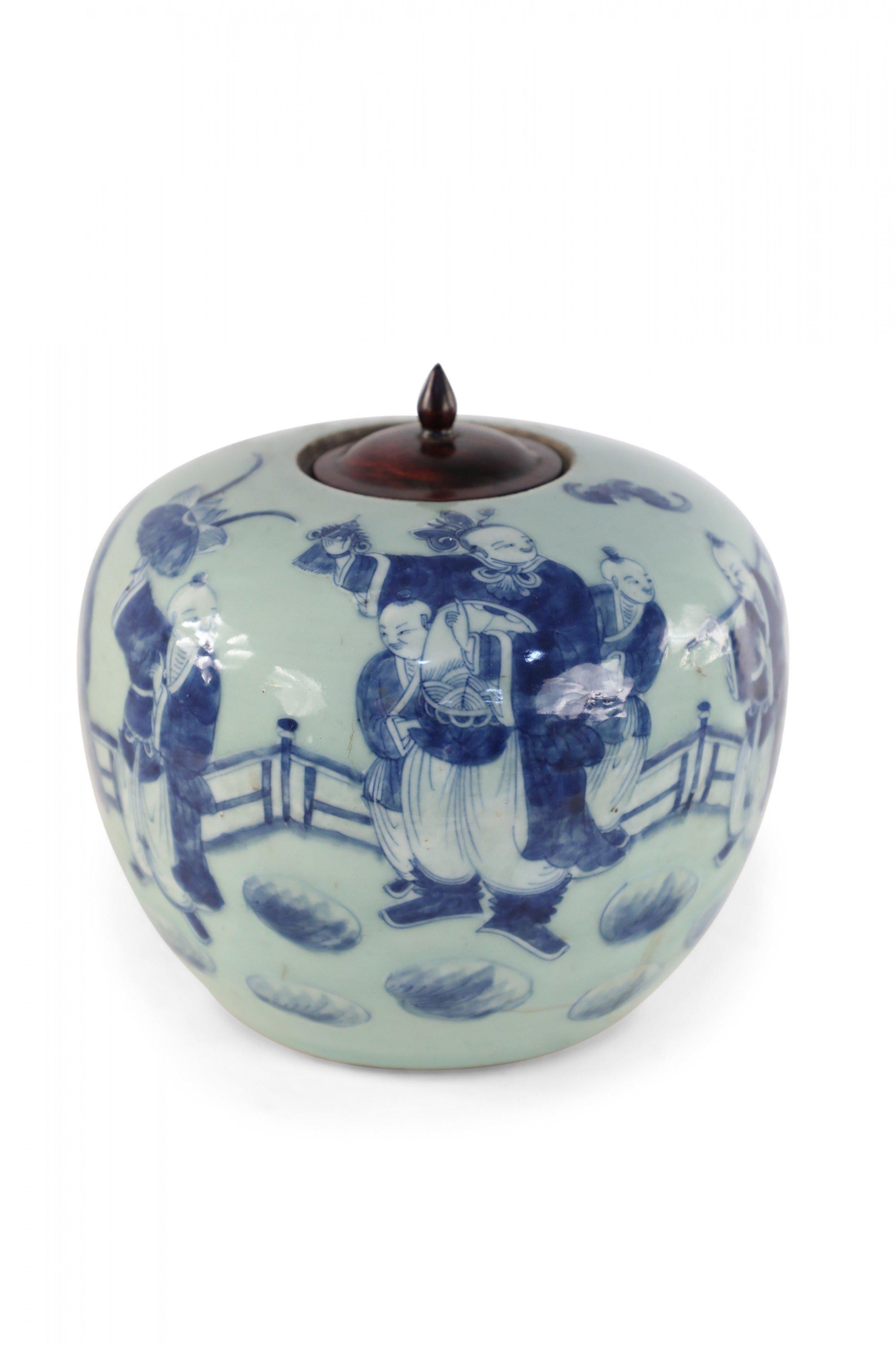 Chinese Celadon and Blue Figurative Lidded Porcelain Ginger Jar 3