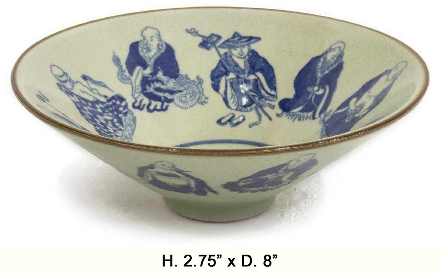 Unique Chinese porcelain conical form bowl with celadon ground, depicting nine blue glazed immortal figures on both the interior and exterior of the bowl, centered by Buddha character, raised on a short foot with a Ming Wanli six character