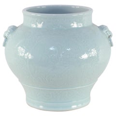 Antique Chinese Celadon and Tonal Pattern Porcelain Pot