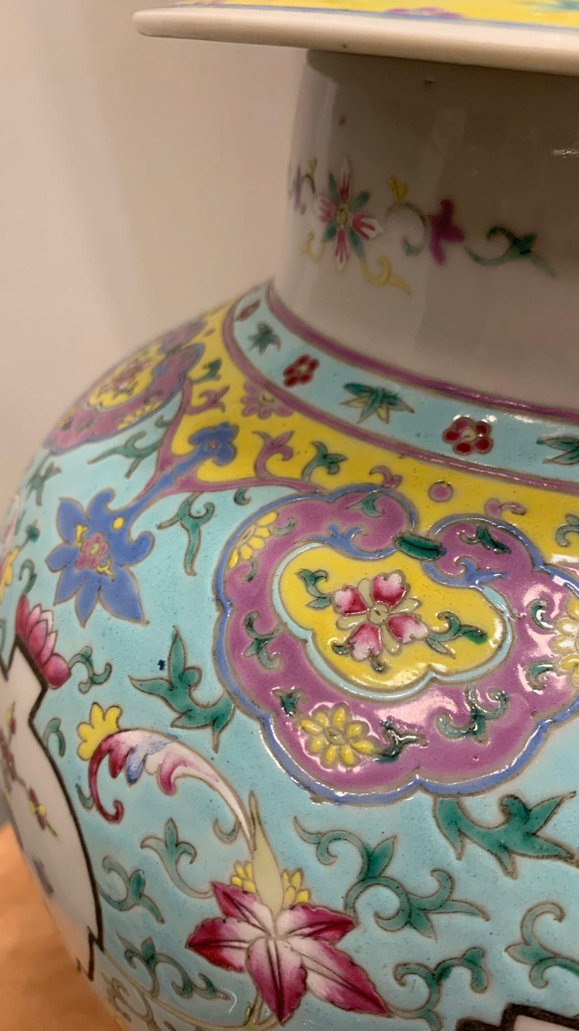 Hand-Painted Chinese Celadon and yellow color Porcelain Vase hand-painted