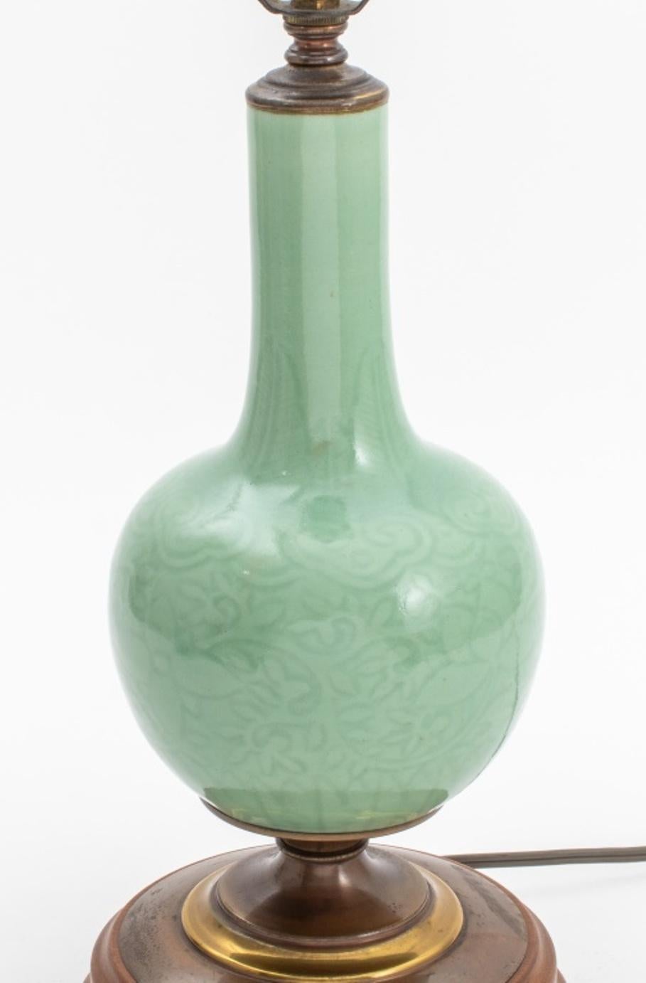 Chinese Export Chinese Celadon Bottle Vases Mounted Lamps, Pair For Sale