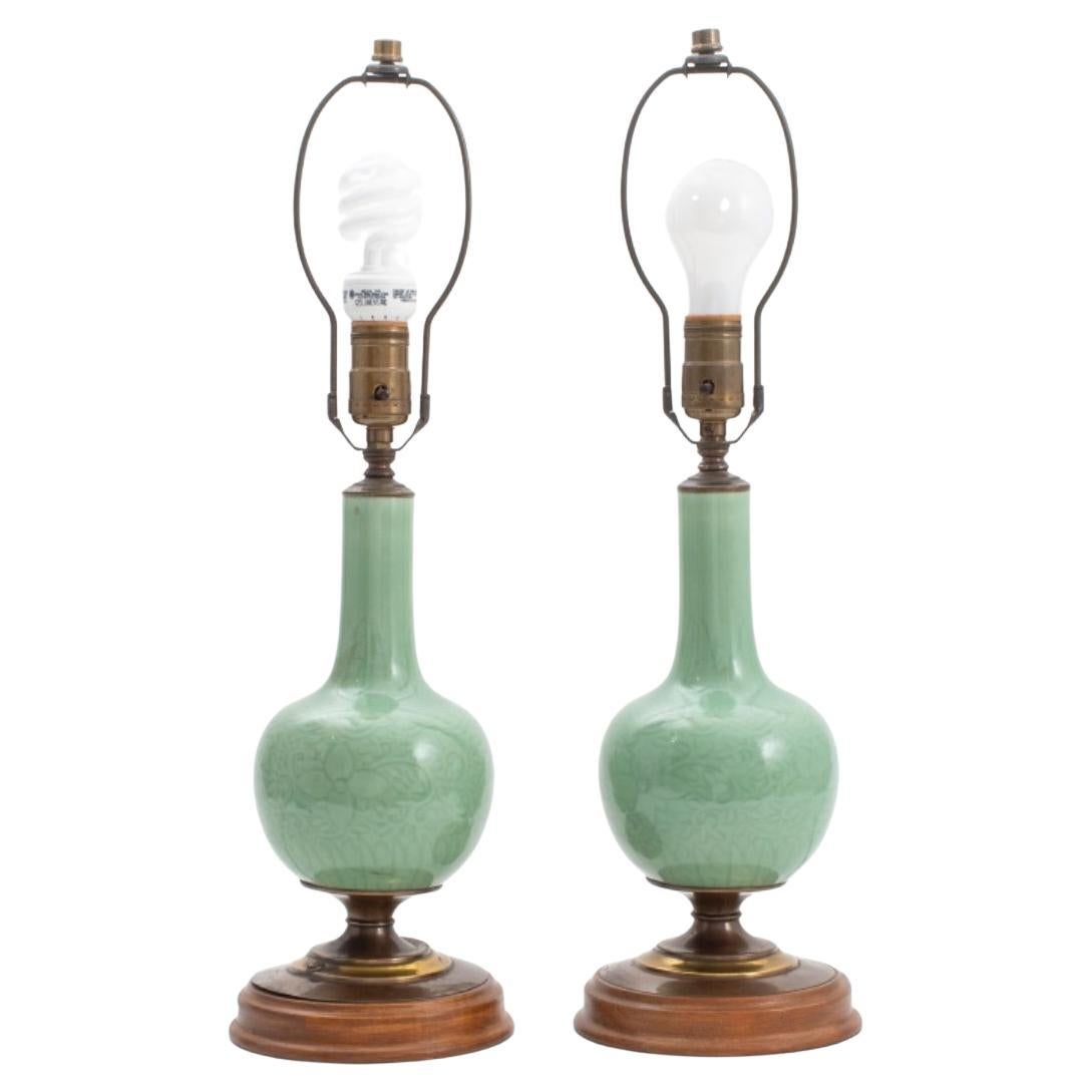 Chinese Celadon Bottle Vases Mounted Lamps, Pair For Sale