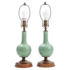 Vintage Chinese Celadon Bottle Vases Mounted Lamps, Pair