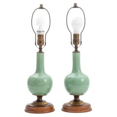 Retro Chinese Celadon Bottle Vases Mounted Lamps, Pair