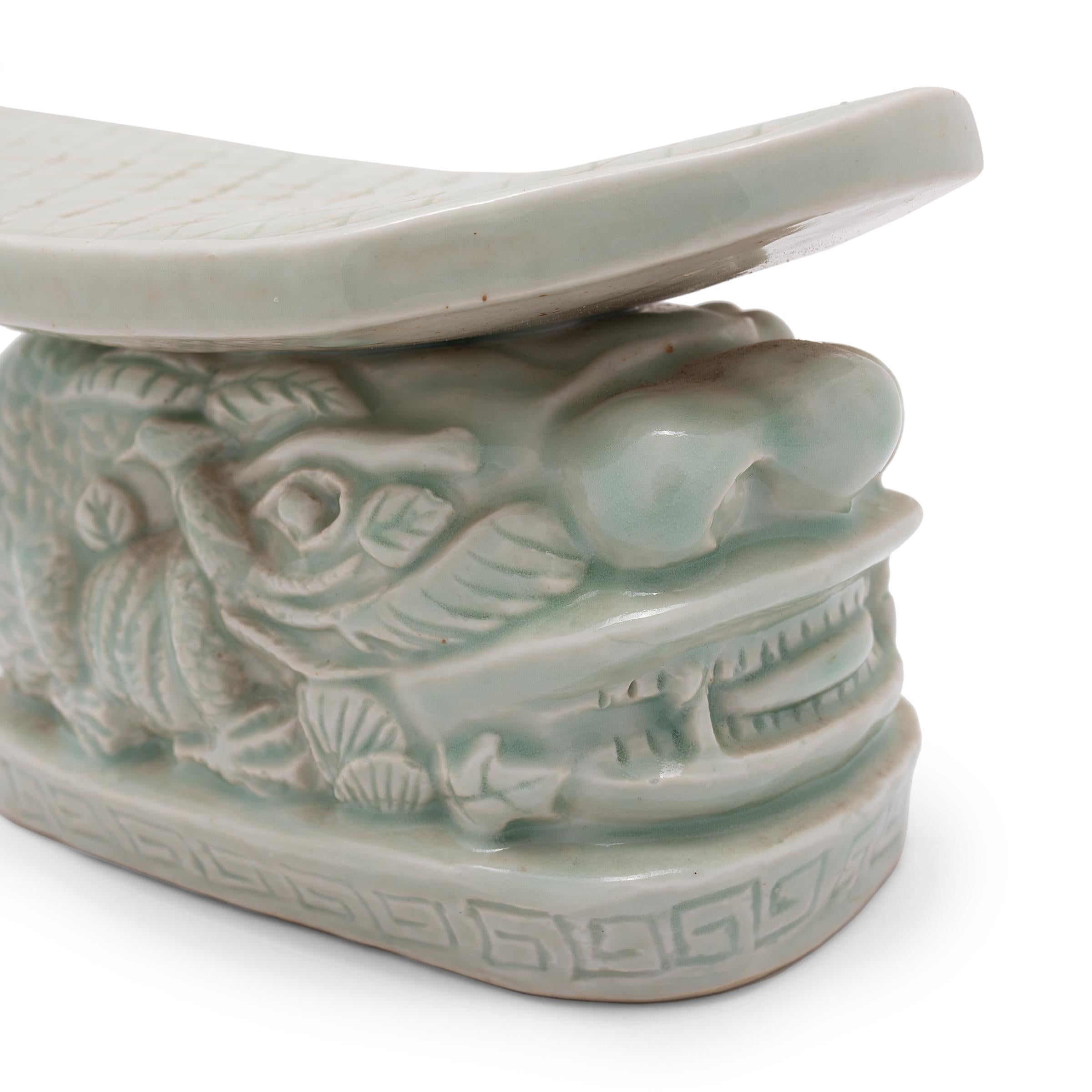 Chinese Celadon Dragon Headrest In Good Condition In Chicago, IL