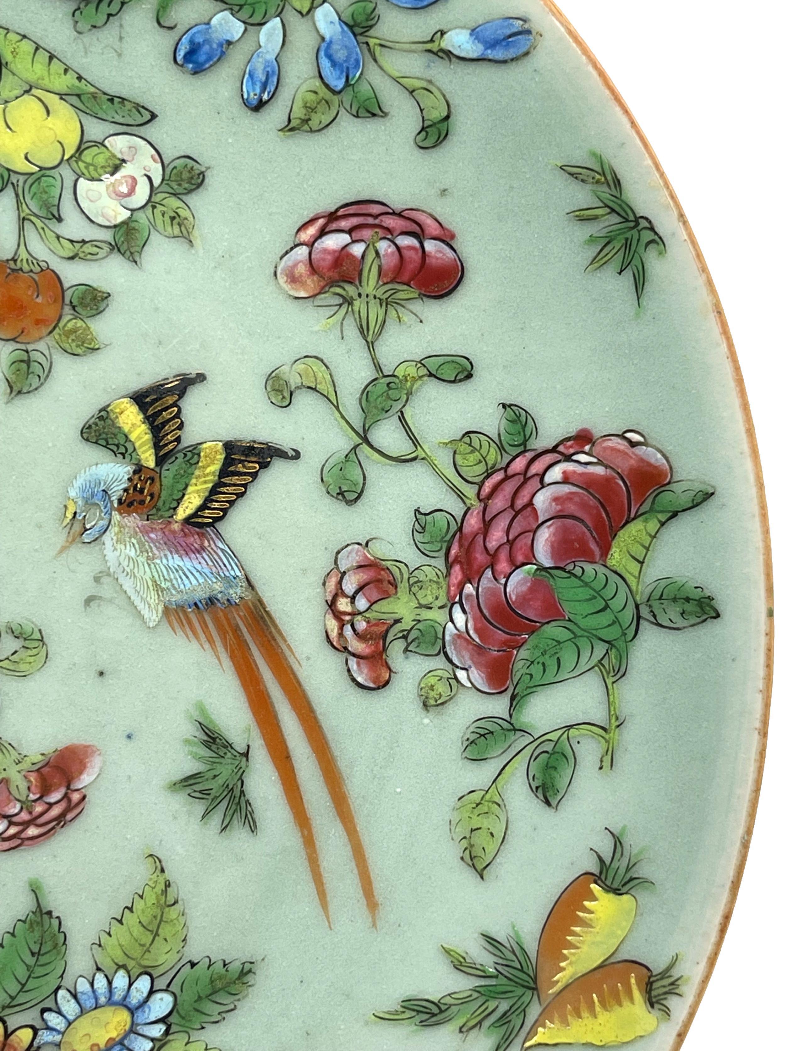 19th Century Chinese Celadon Famille Rose Plate, Canton, Qing Dynasty, ca. 1850
