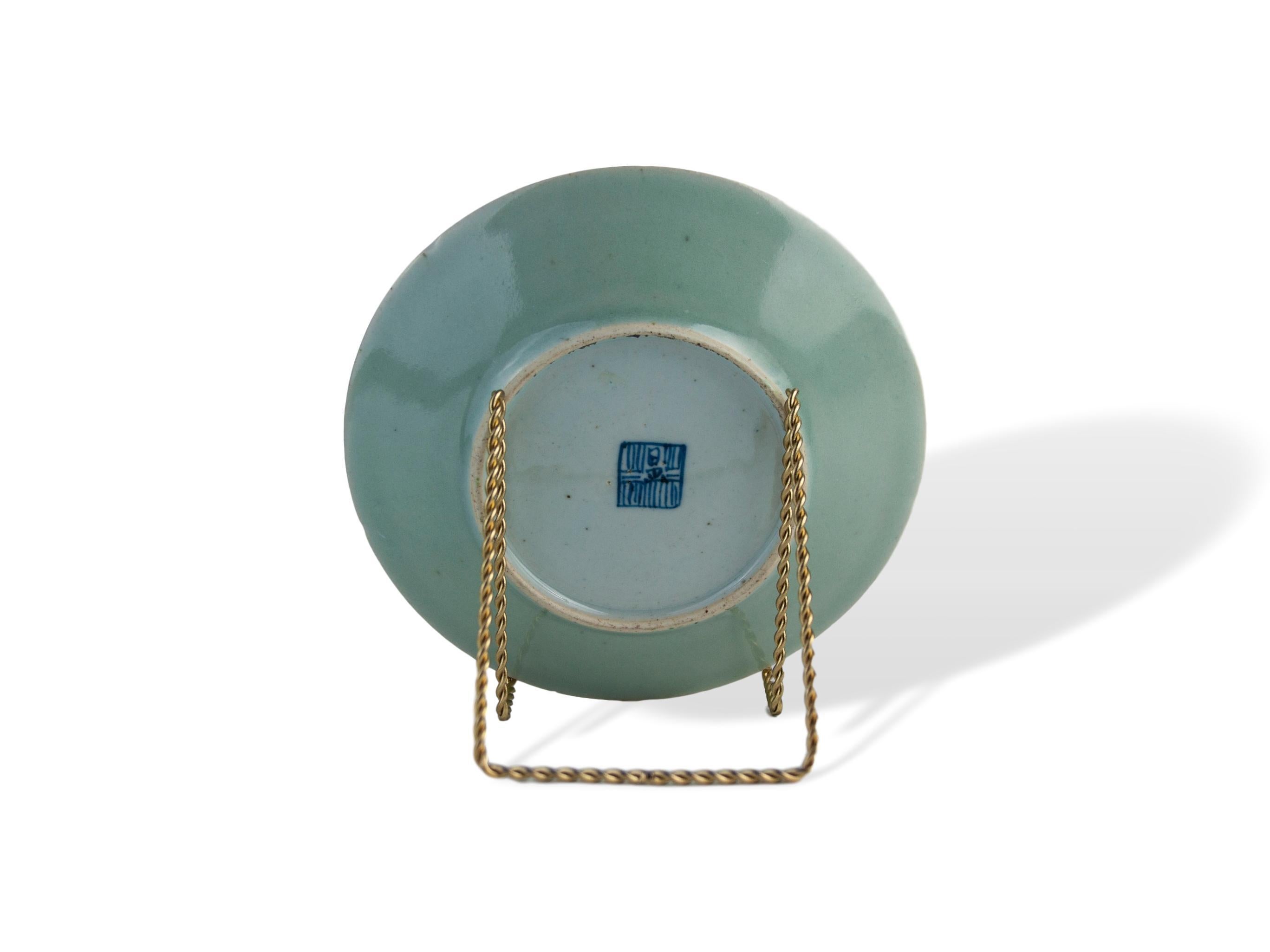 Chinese Celadon Famille Rose Plate, Canton, circa 1820 In Good Condition In Banner Elk, NC