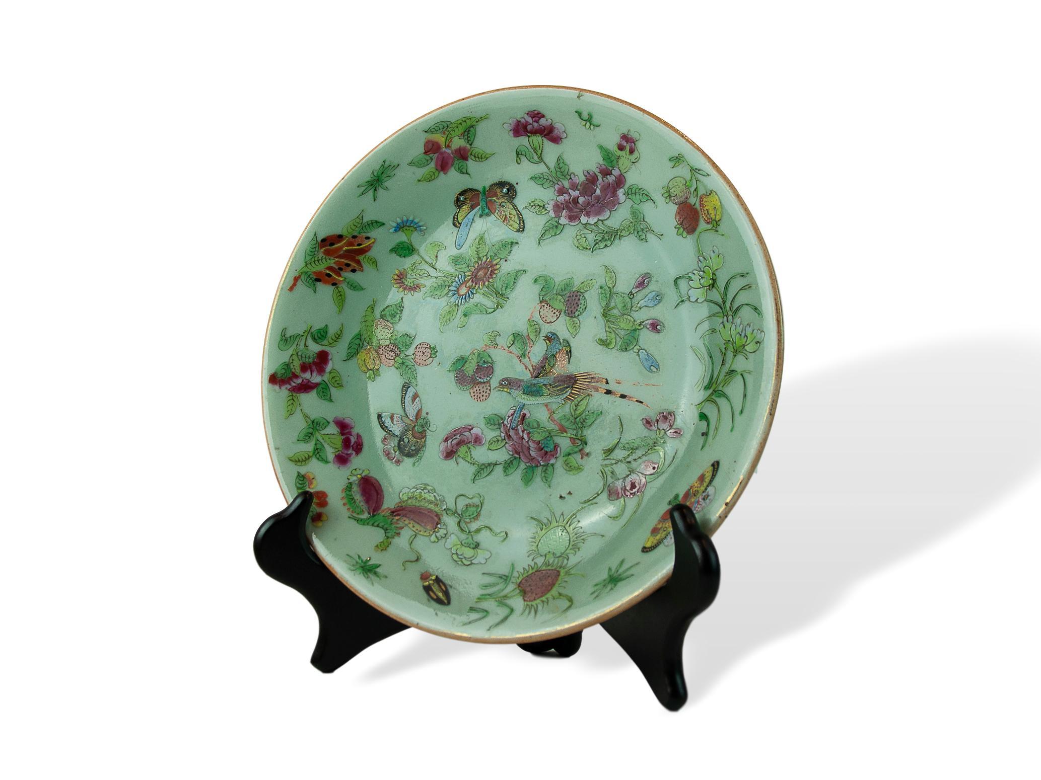 Chinese Export Chinese Celadon Famille Rose 10-inch Plate, Canton, Qing Dynasty, ca. 1850