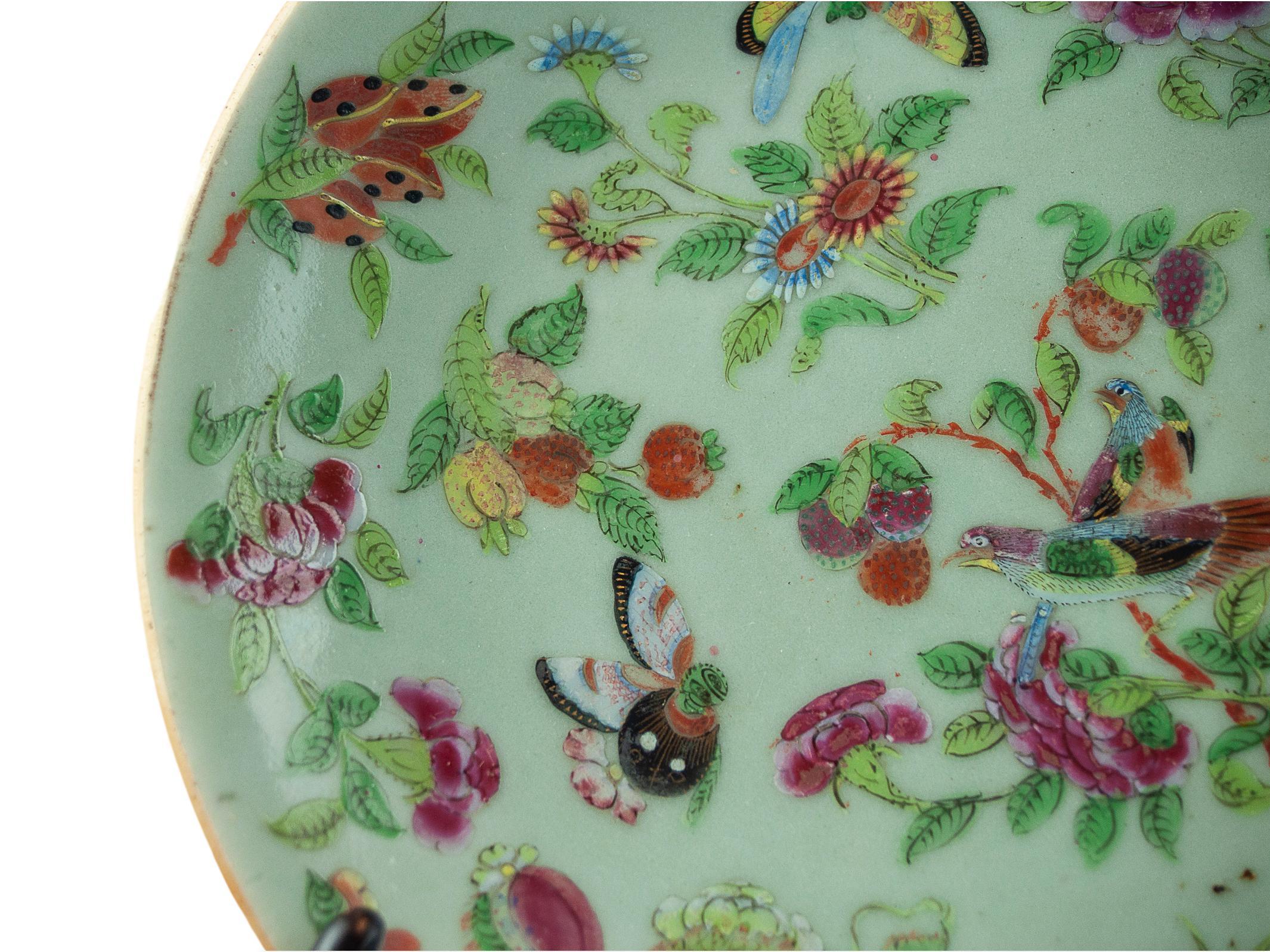 Early 19th Century Chinese Celadon Famille Rose 10-inch Plate, Canton, Qing Dynasty, ca. 1850