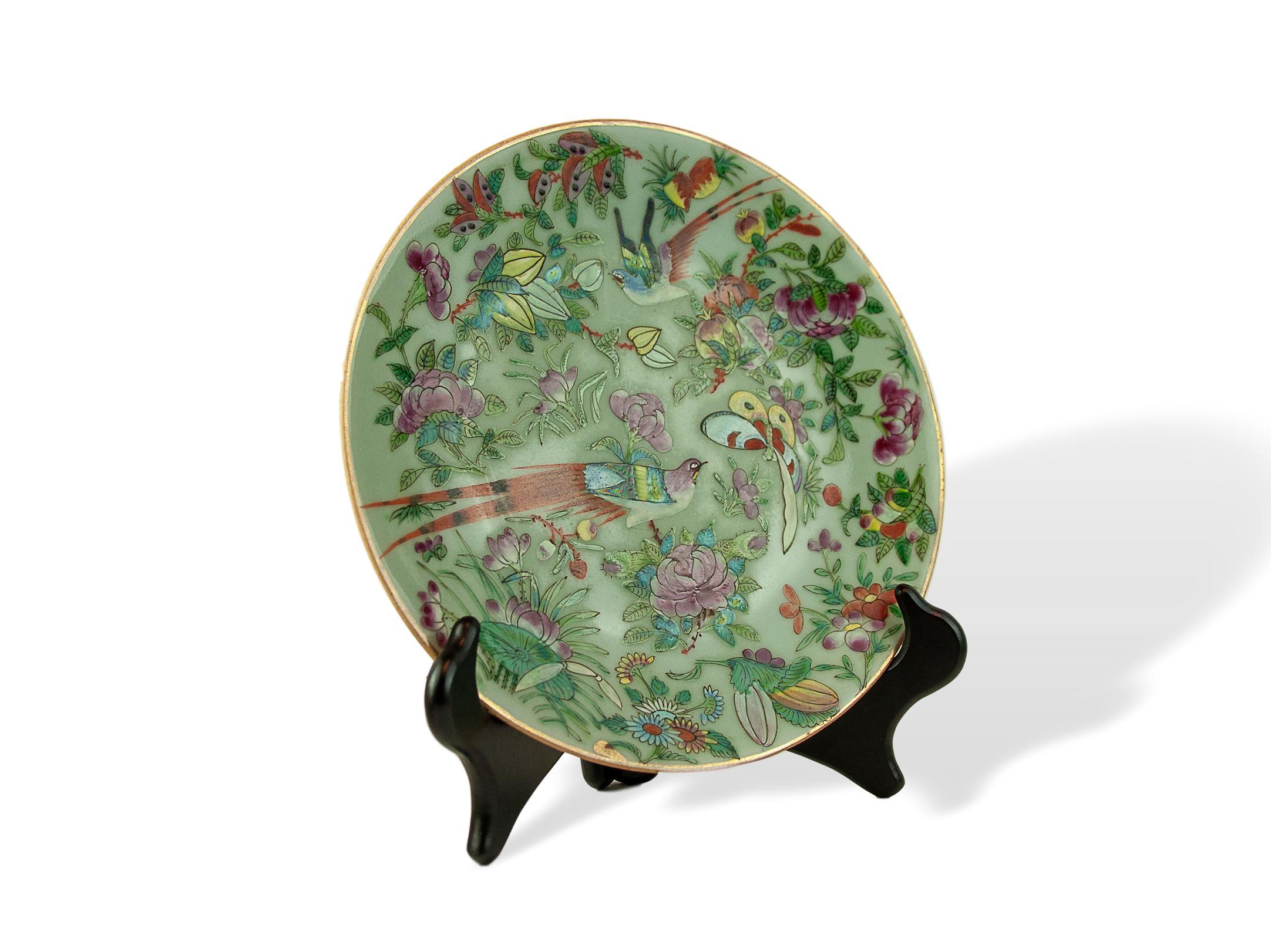 Chinese Export Chinese Celadon Famille Rose Plate, Canton, circa 1820