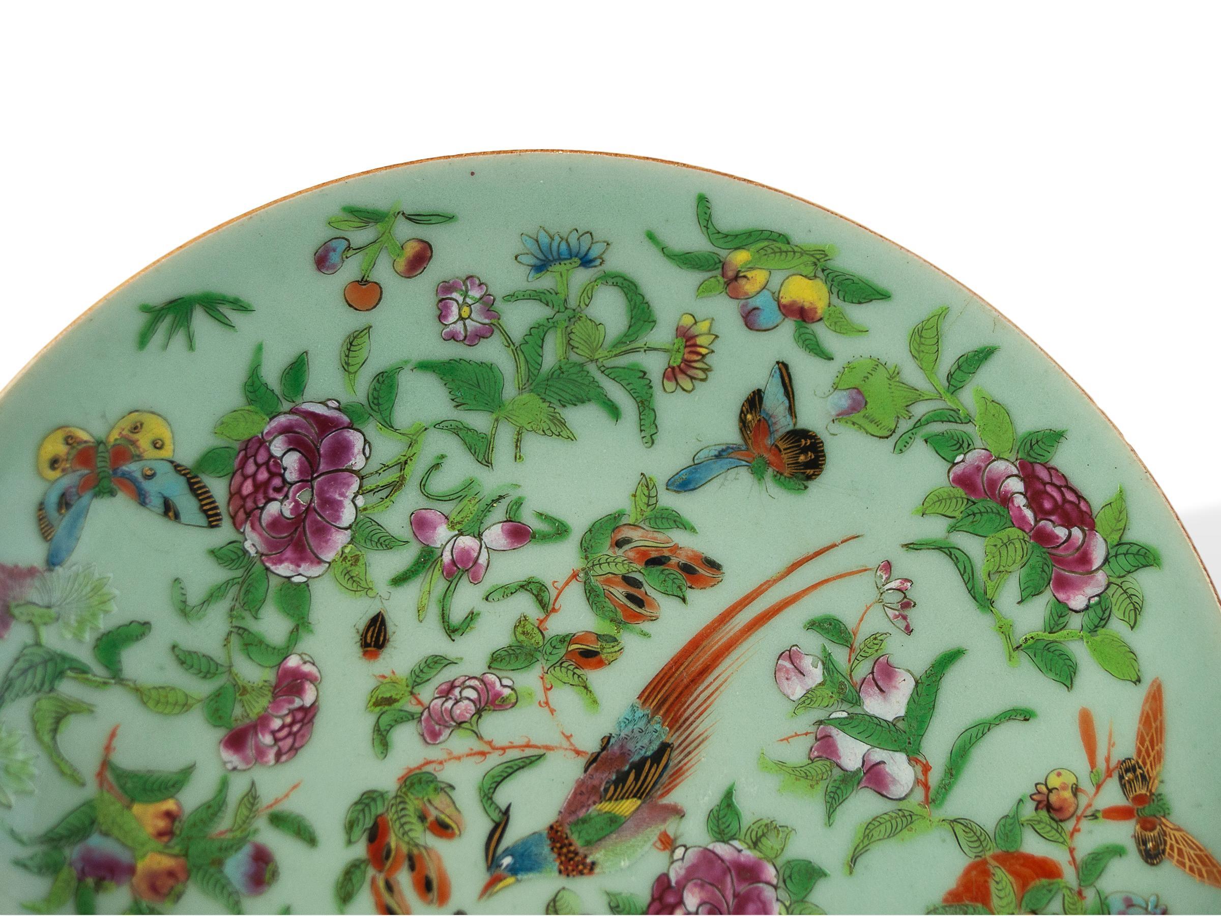 Enameled Chinese Celadon Famille Rose Plate, Canton, ca. 1850