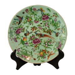 Antique Chinese Celadon Famille Rose Plate, Canton, ca. 1850