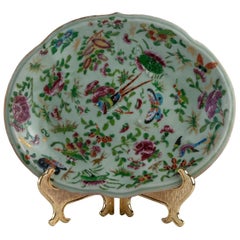Chinese Celadon Famille Rose Cartouche Shaped Dish, Canton, circa 1820