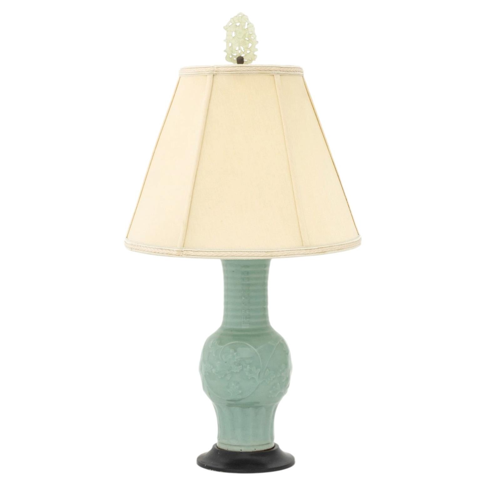Chinese Celadon Glazed Ceramic Table Lamp, Ebonized Base, 20th Century For Sale