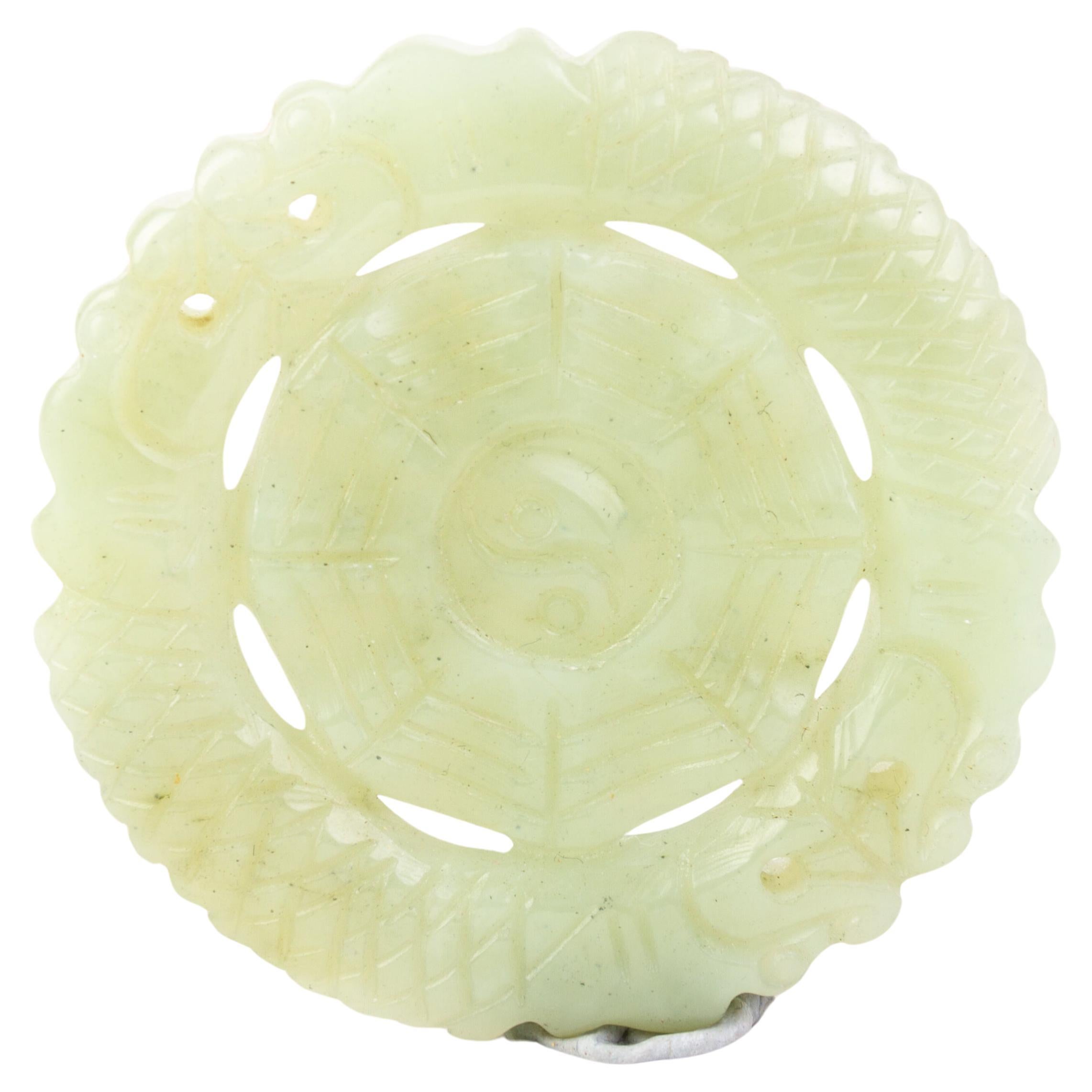 Chinese Celadon Jade Carved Yin Yang Disc Pendant 