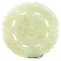 Chinese Celadon Jade Carved Yin Yang Disc Pendant 