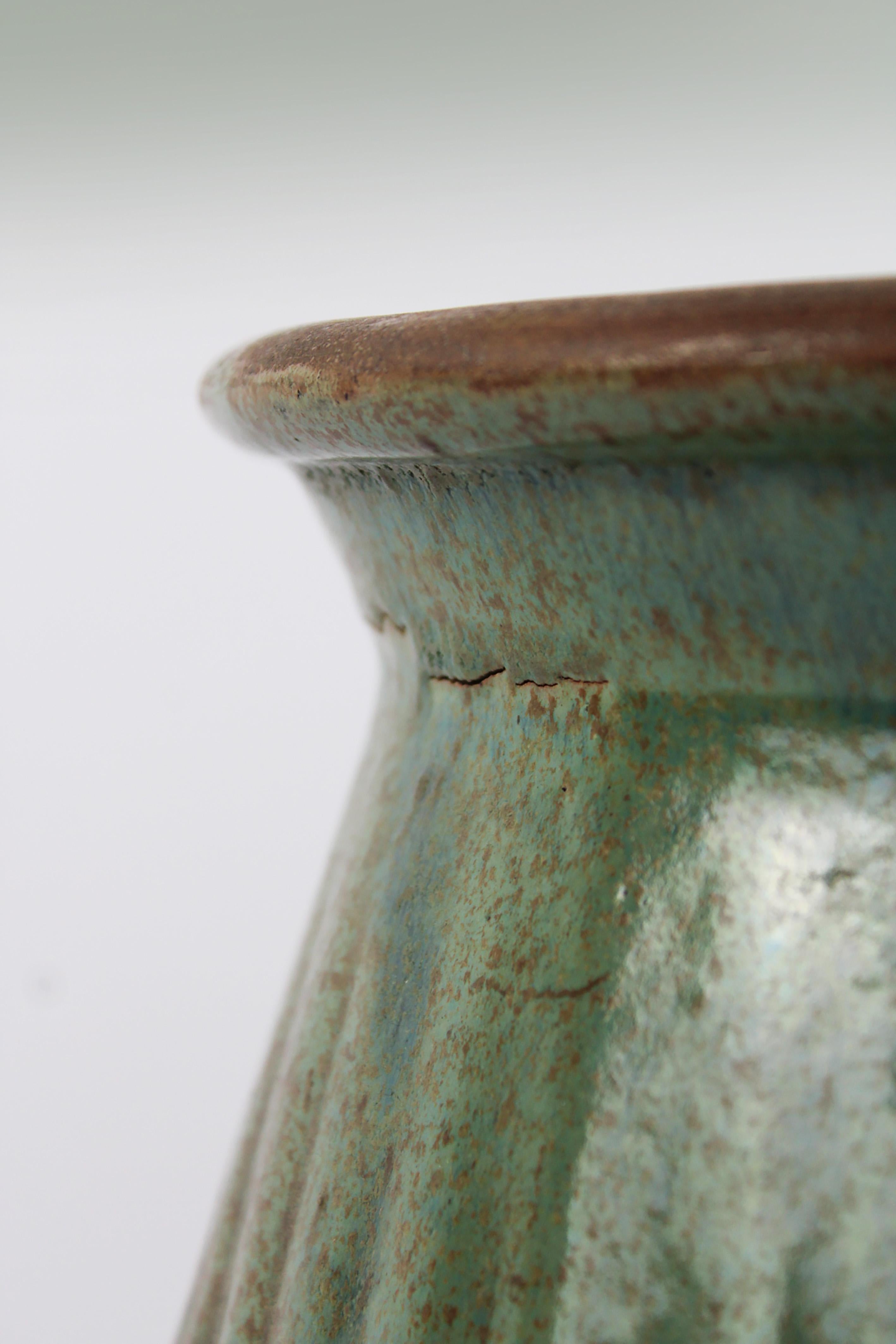 Stoneware 19th century Green Celadon Ginger Jar fluted glazed stoneware Longquan China For Sale