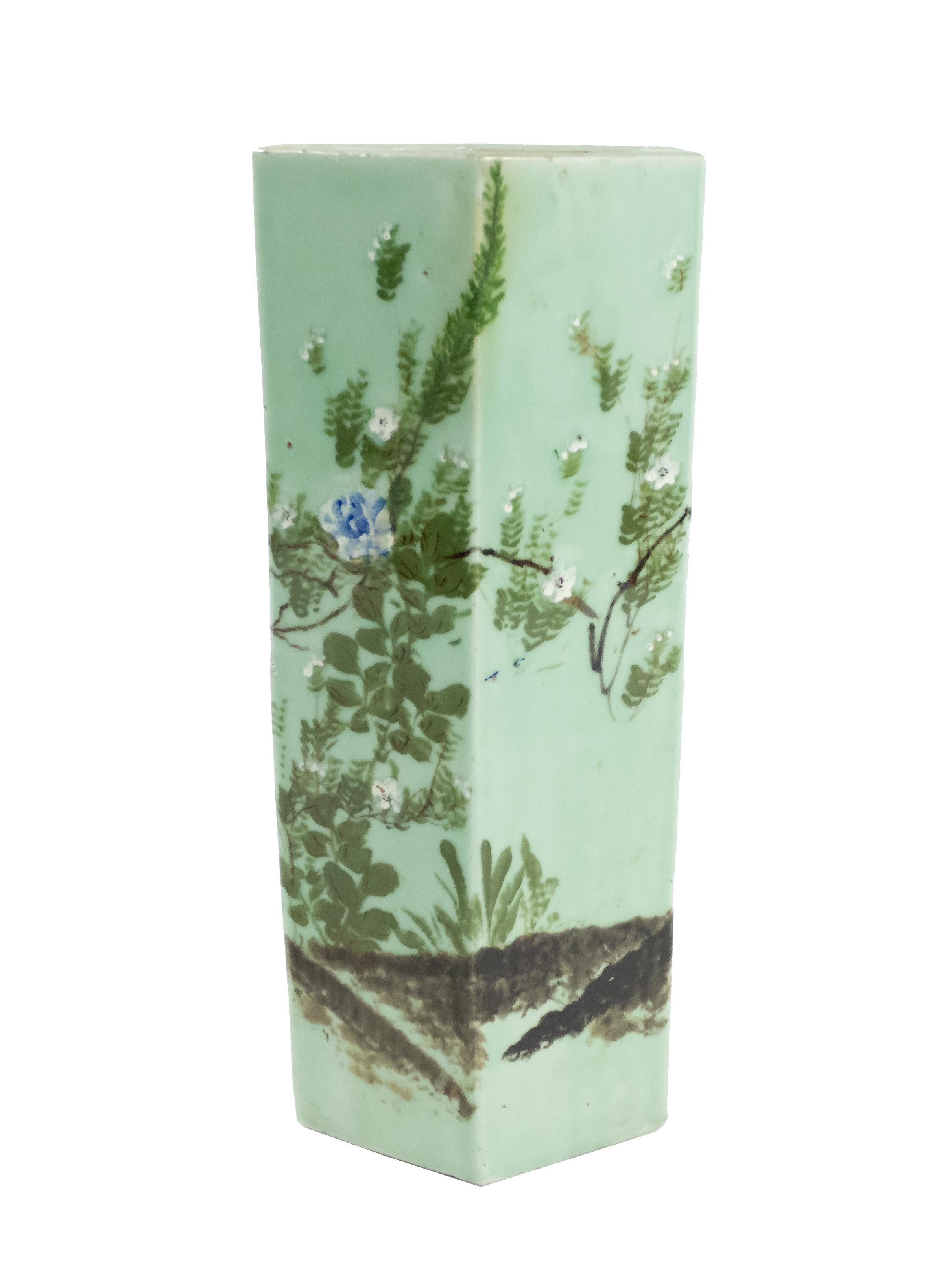 Asian Chinese-style (19/20th century) celadon porcelain 6 sided umbrella stand with landscape scene.