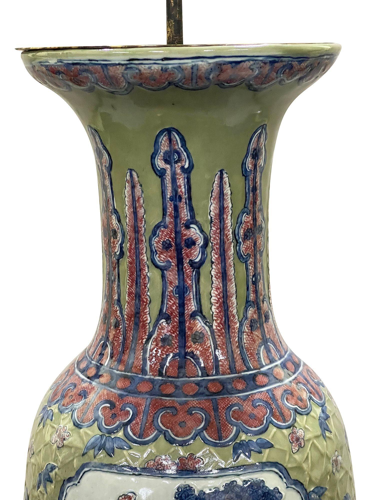 Chinese Celadon porcelain Vase / lamp, circa 1860. In Good Condition For Sale In Brighton, Sussex