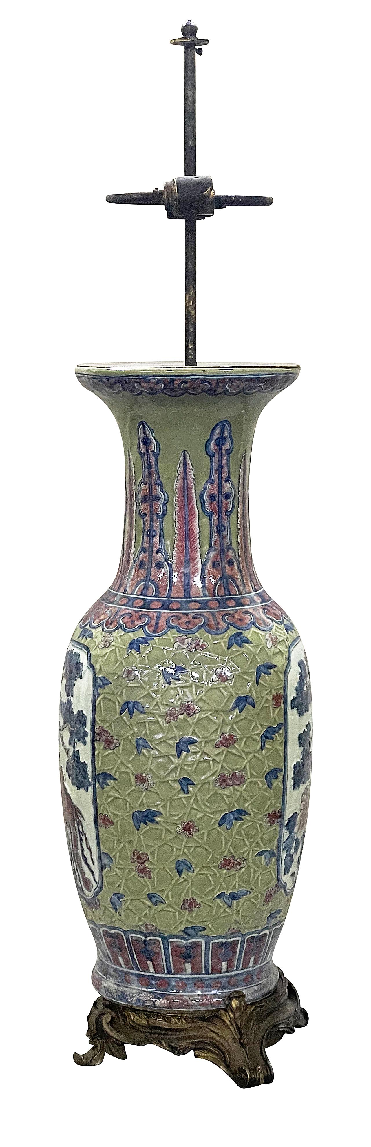 19th Century Chinese Celadon porcelain Vase / lamp, circa 1860. For Sale