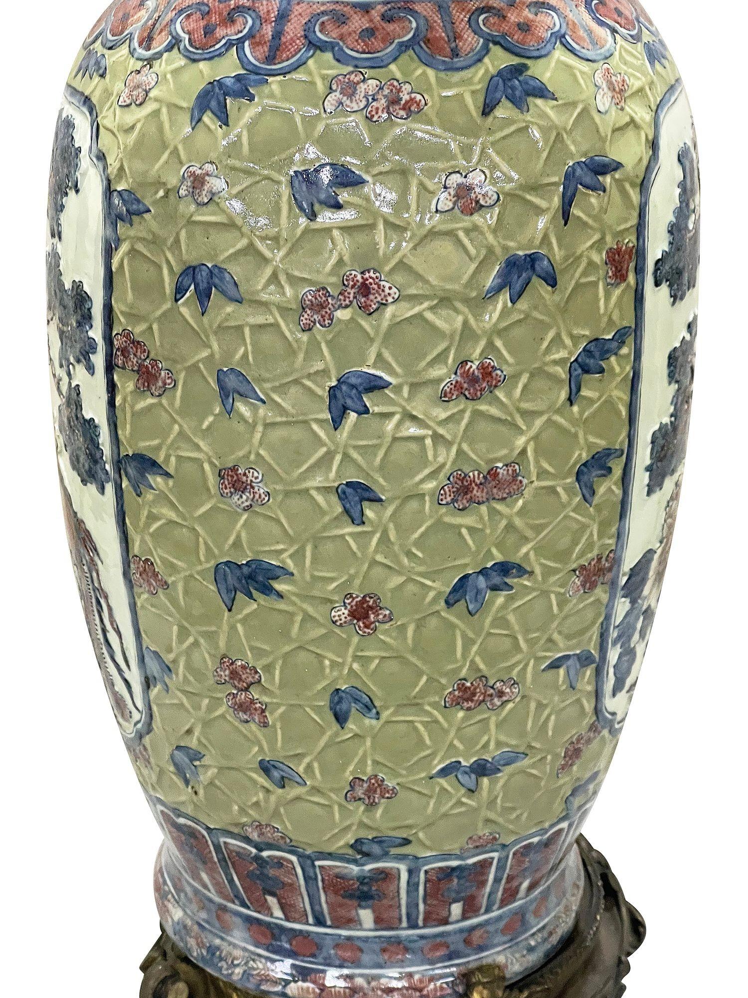 Bronze Chinese Celadon porcelain Vase / lamp, circa 1860. For Sale