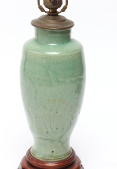 Chinese Celadon Porcelain Vase Table Lamp With Carved Jade Finial