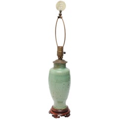 Chinese Celadon Porcelain Vase Table Lamp With Carved Jade Finial