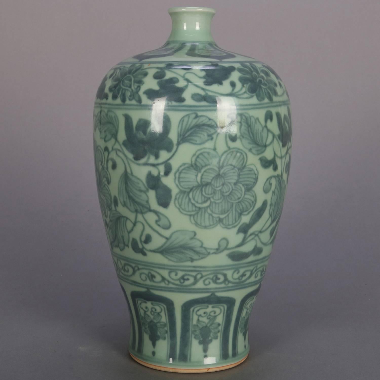 Glazed Chinese Celadon Porcelain Vase, Floral and Leaf Decoration, 20th Century
