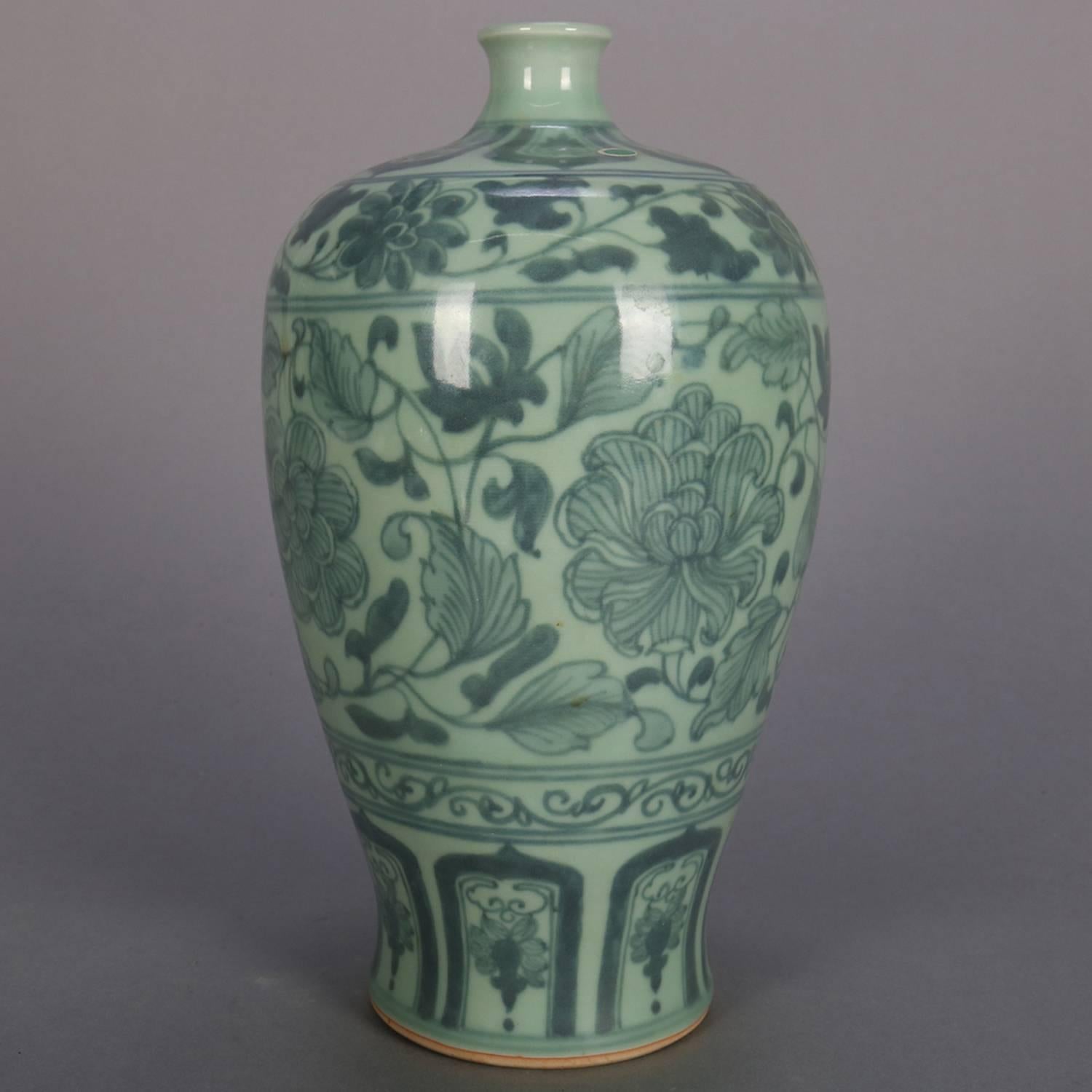 Chinese Celadon Porcelain Vase, Floral and Leaf Decoration, 20th Century In Good Condition In Big Flats, NY