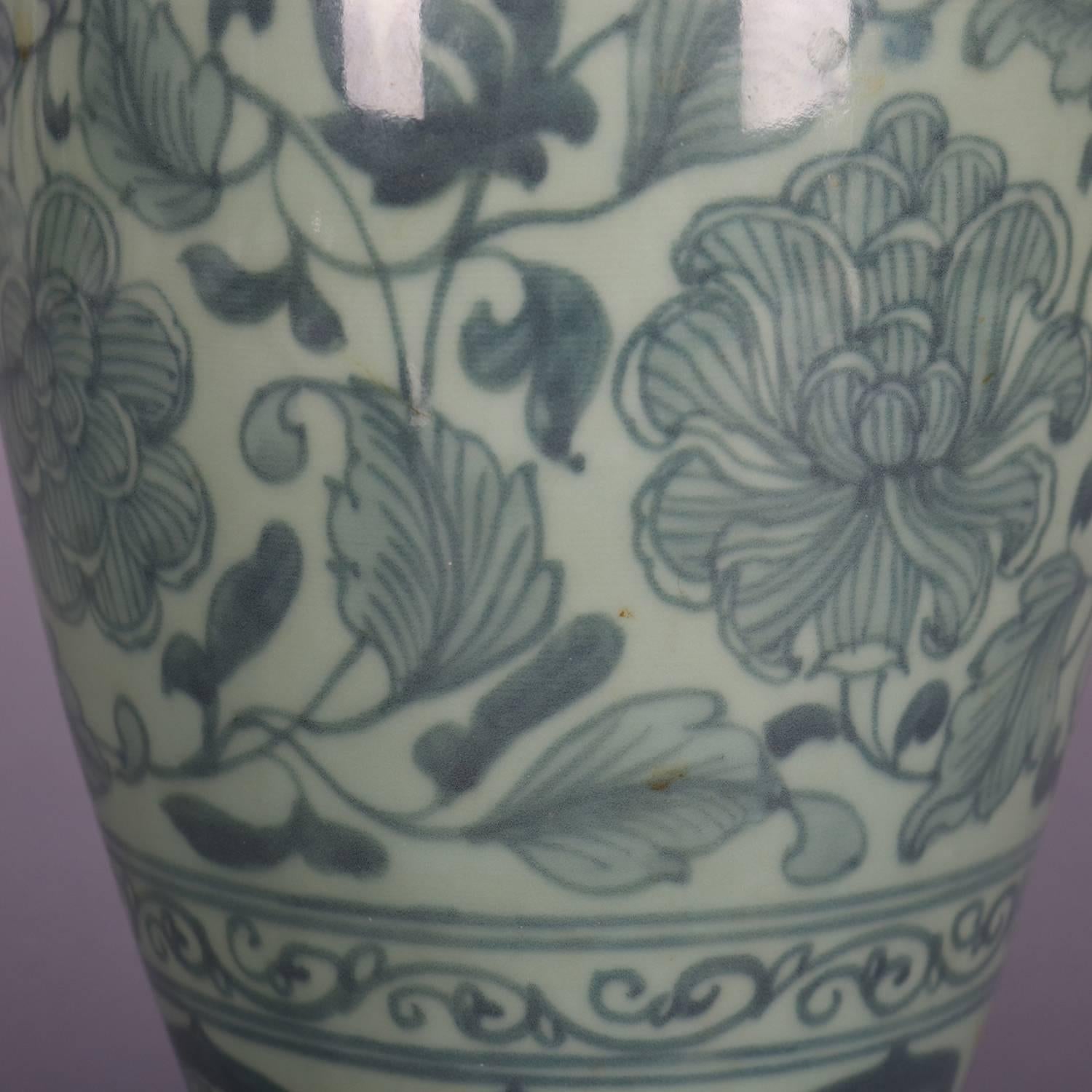 Chinese Celadon Porcelain Vase, Floral and Leaf Decoration, 20th Century 1