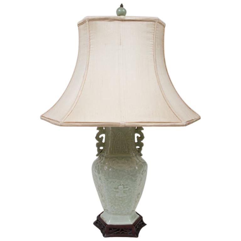 Monumentally Large Impressive Pair of Celadon Chinese Table Lamps For Sale at 1stDibs