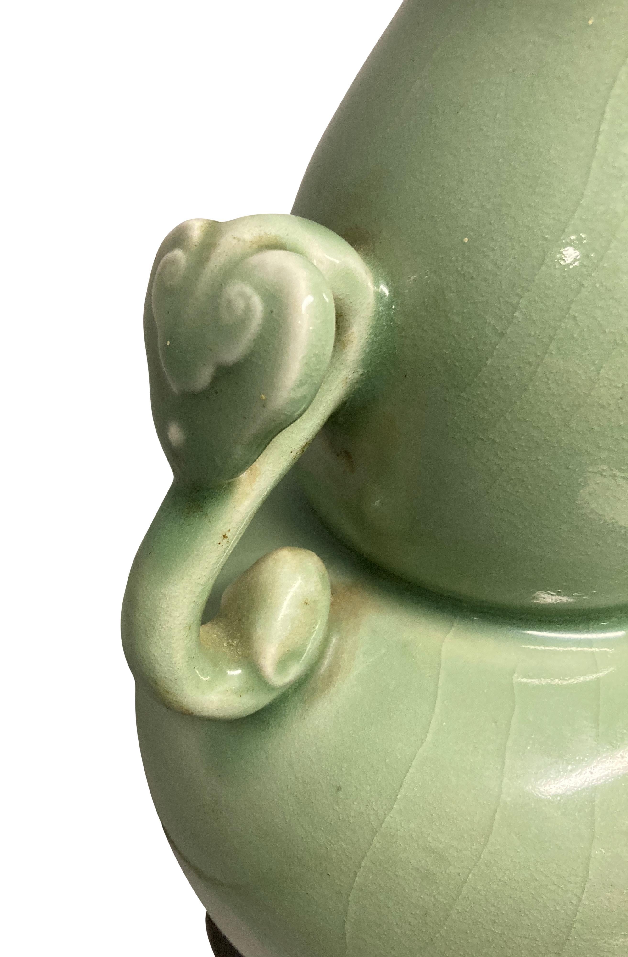 Mid-20th Century Chinese Celadon Twin Handled Vase Lamp For Sale