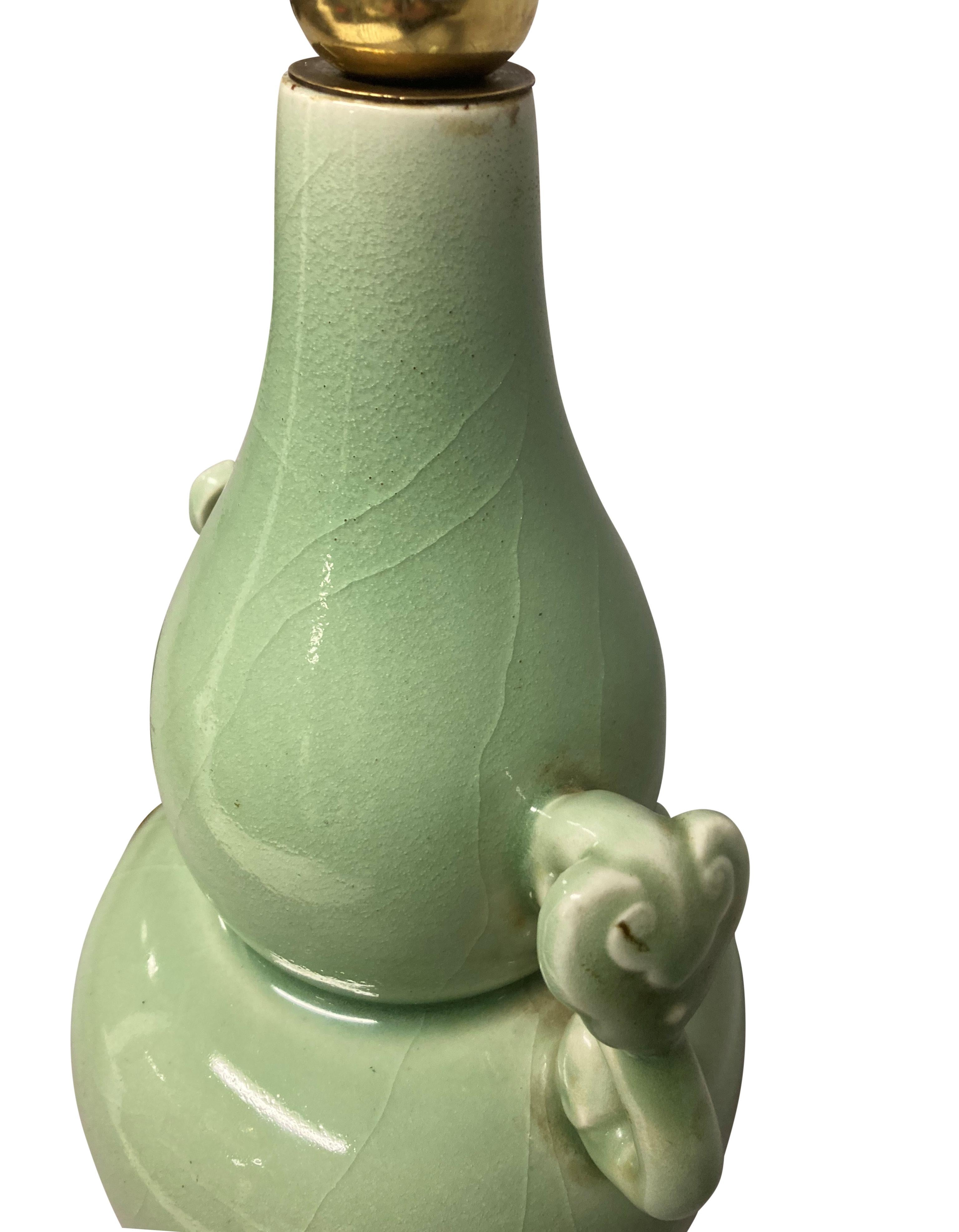 Ceramic Chinese Celadon Twin Handled Vase Lamp For Sale