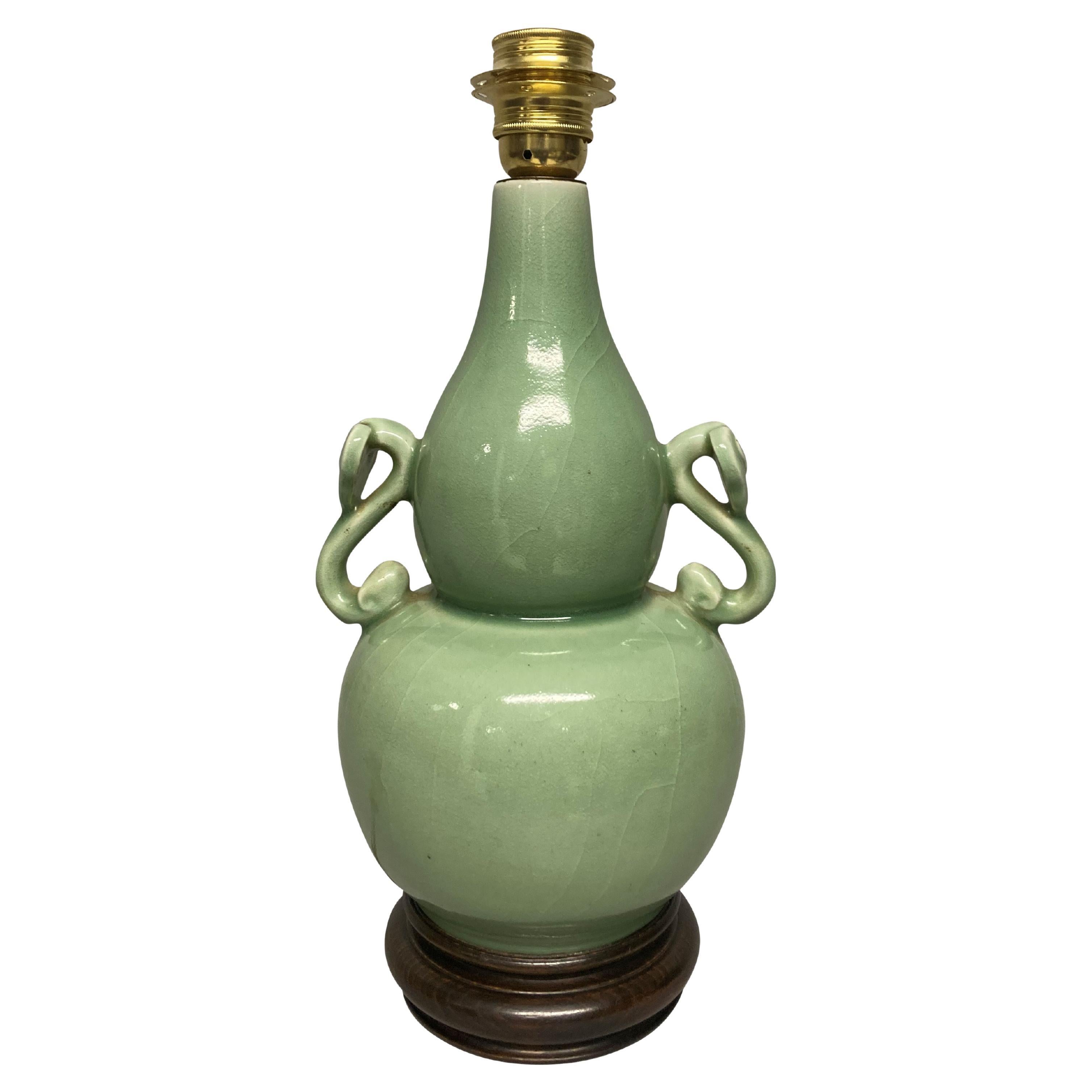 Chinese Celadon Twin Handled Vase Lamp For Sale