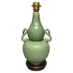 Vintage Chinese Celadon Twin Handled Vase Lamp