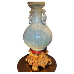 Chinese Celadon Vase Lamp with a French 19 Century Gilt Bronze Base