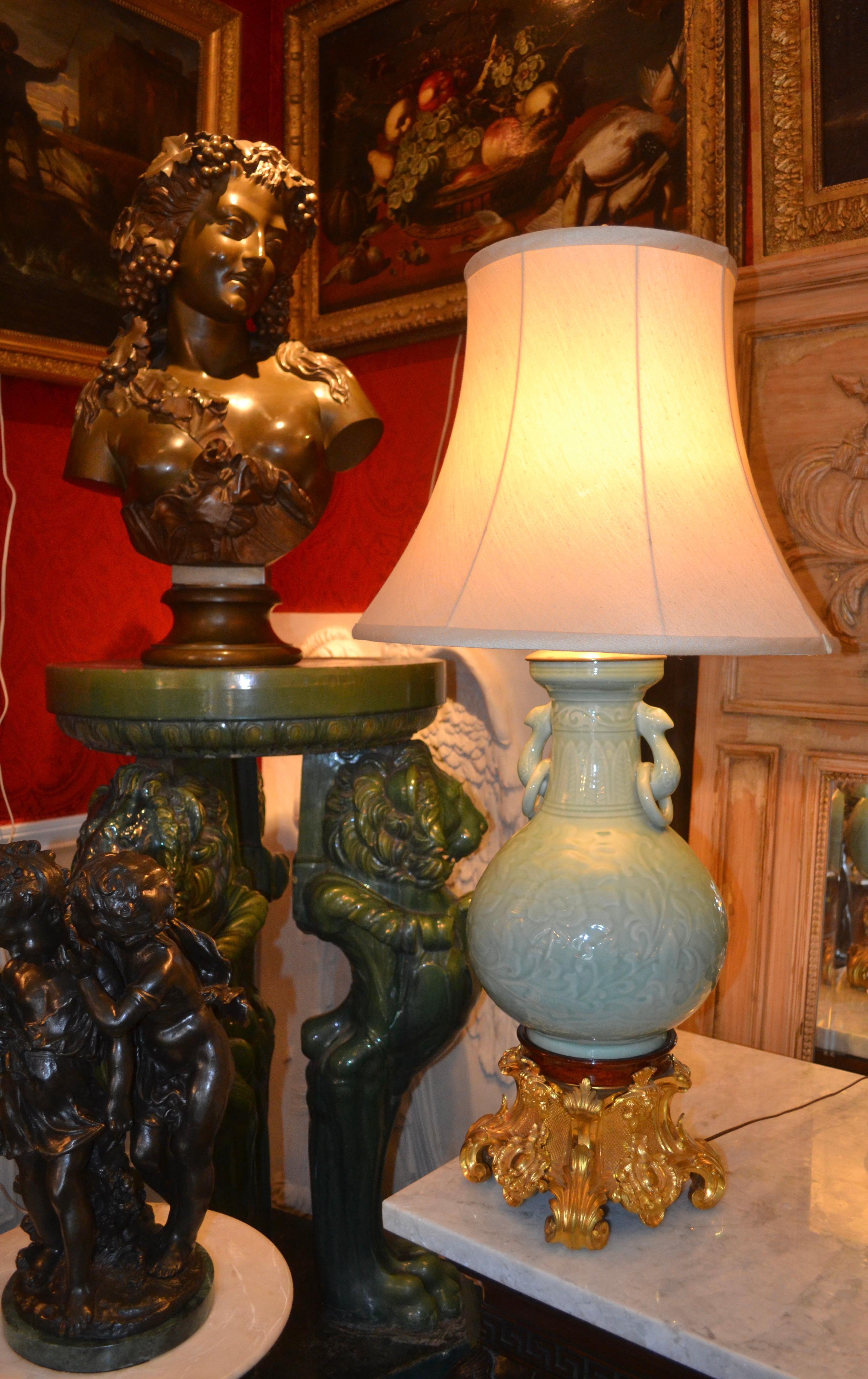 19th Century Chinese Celadon Vase Lamp with a French 19 Century Gilt Bronze Base For Sale