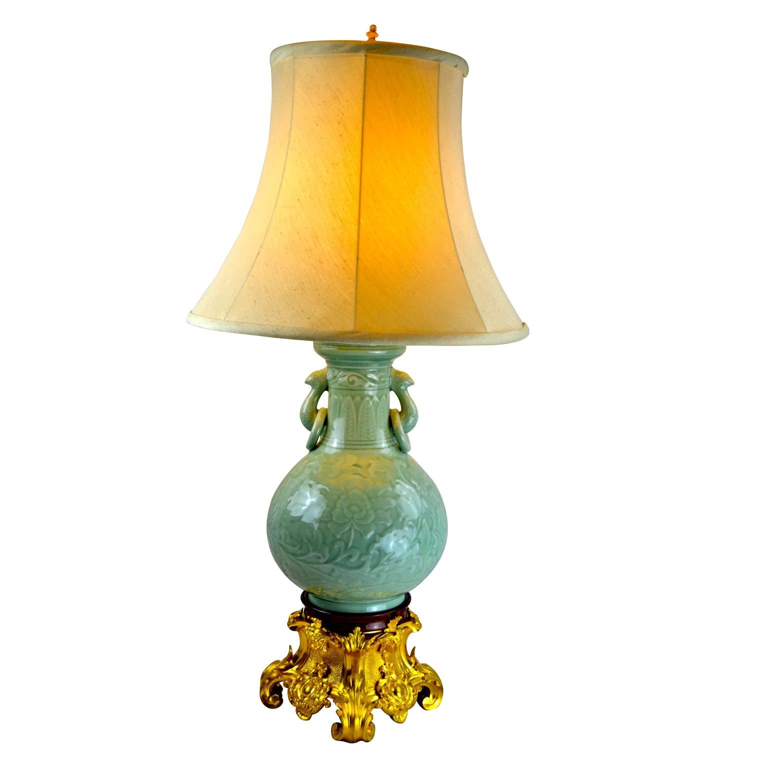 Chinese Celadon Vase Lamp with a French 19 Century Gilt Bronze Base For Sale
