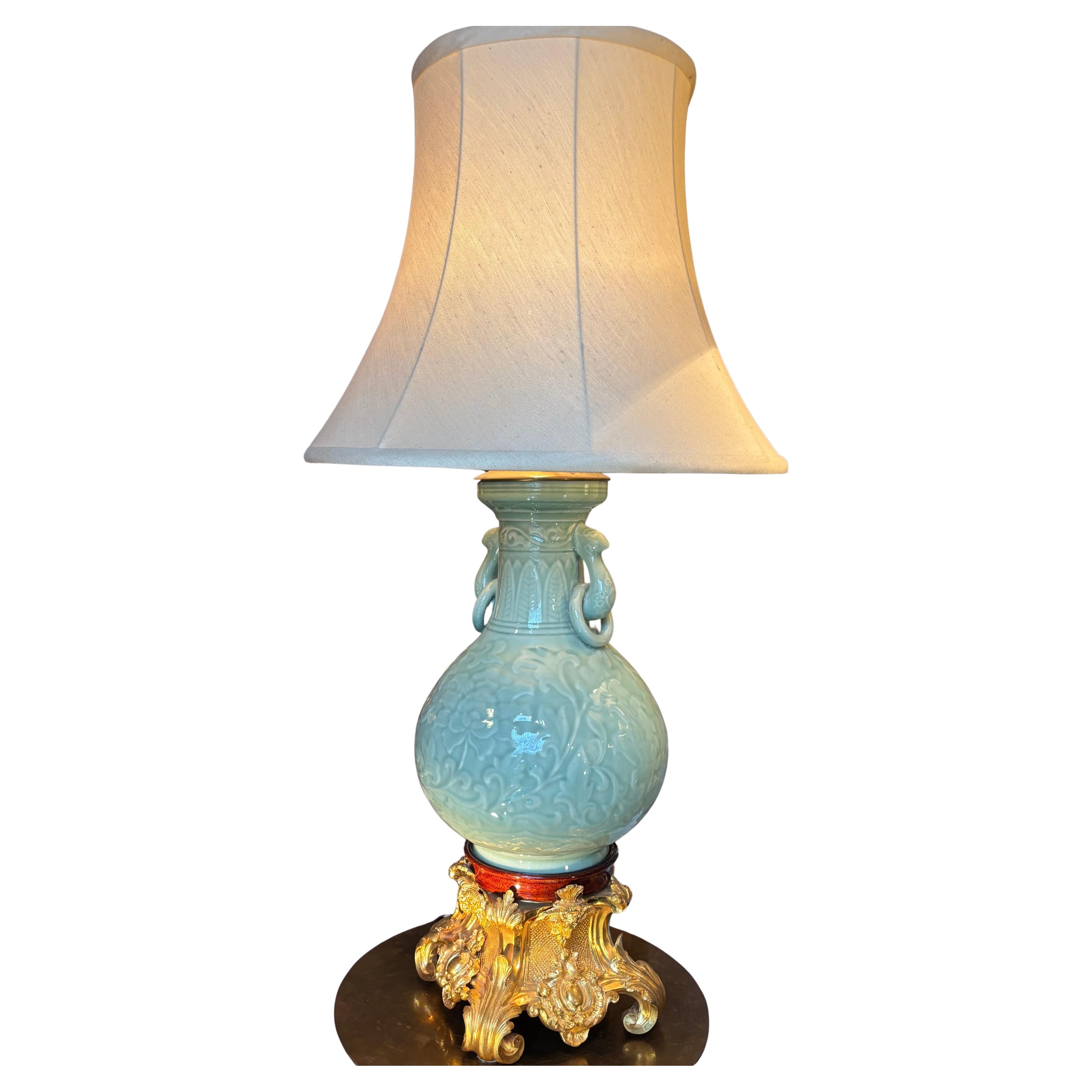 Chinese Celadon Vase Lamp with a French 19 Century Gilt Bronze Base