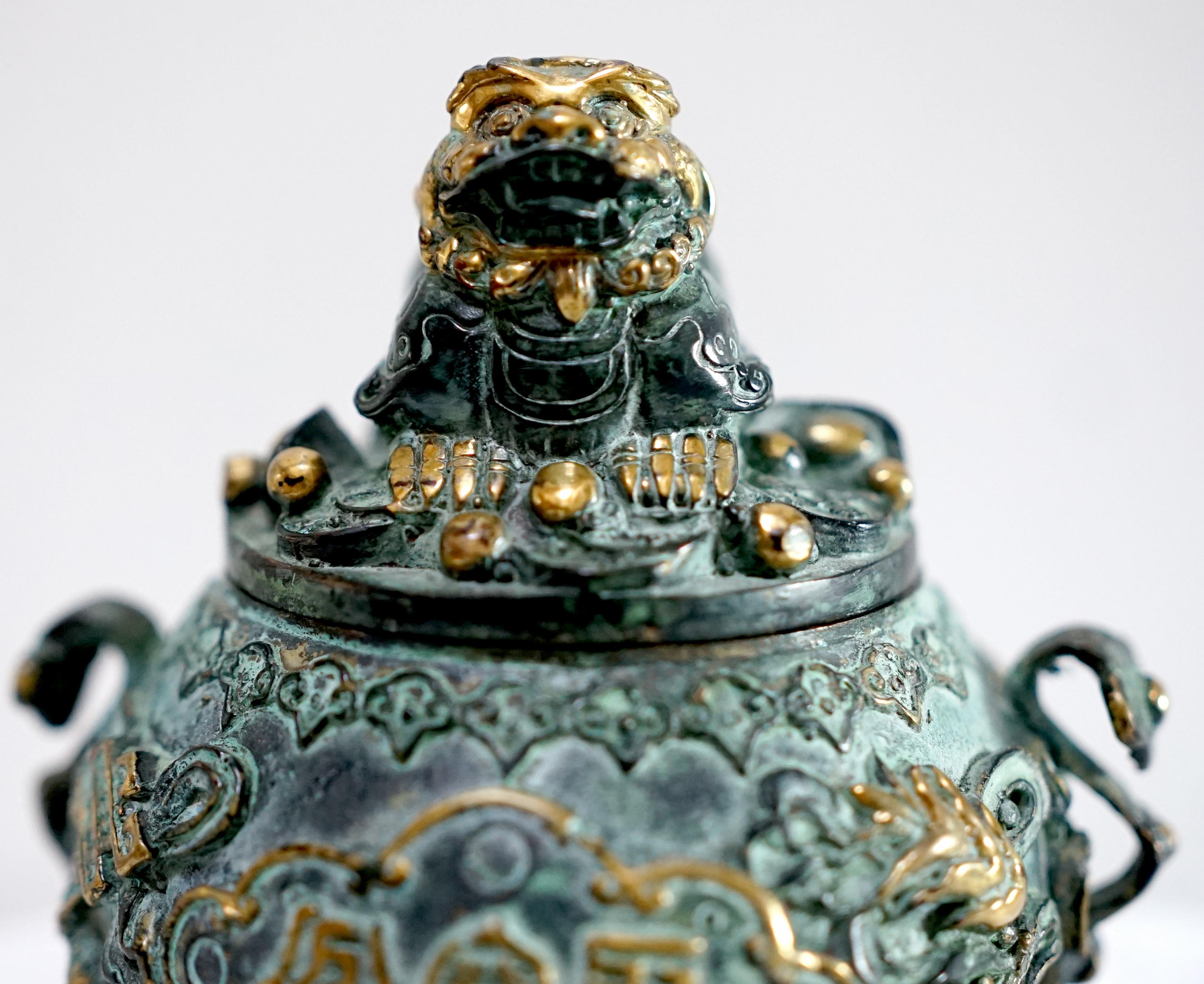 Chinese Censer Mid-Century Bronze with Asiatic Lion and Gilt In Good Condition For Sale In Lomita, CA