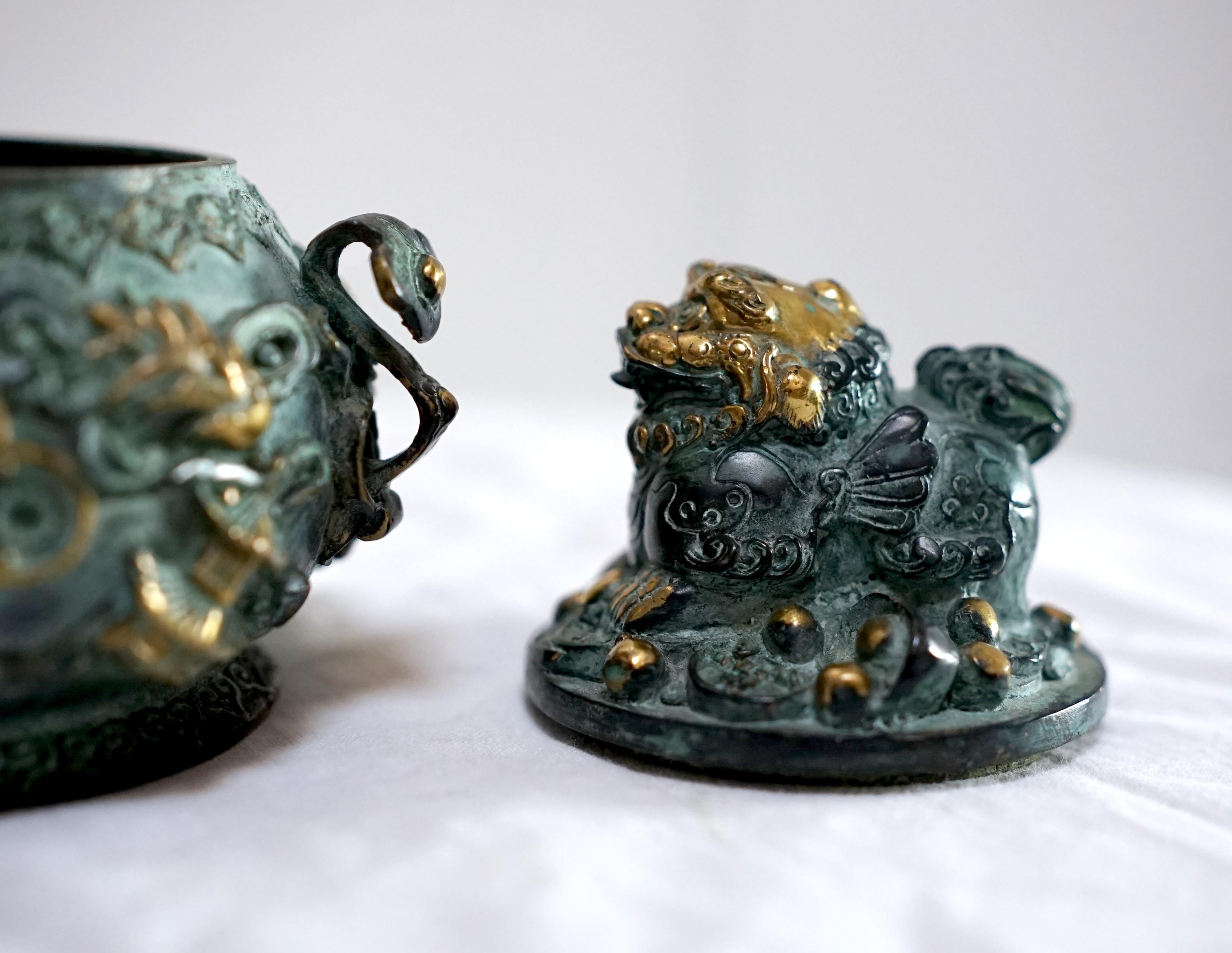 20th Century Chinese Censer Mid-Century Bronze with Asiatic Lion and Gilt For Sale