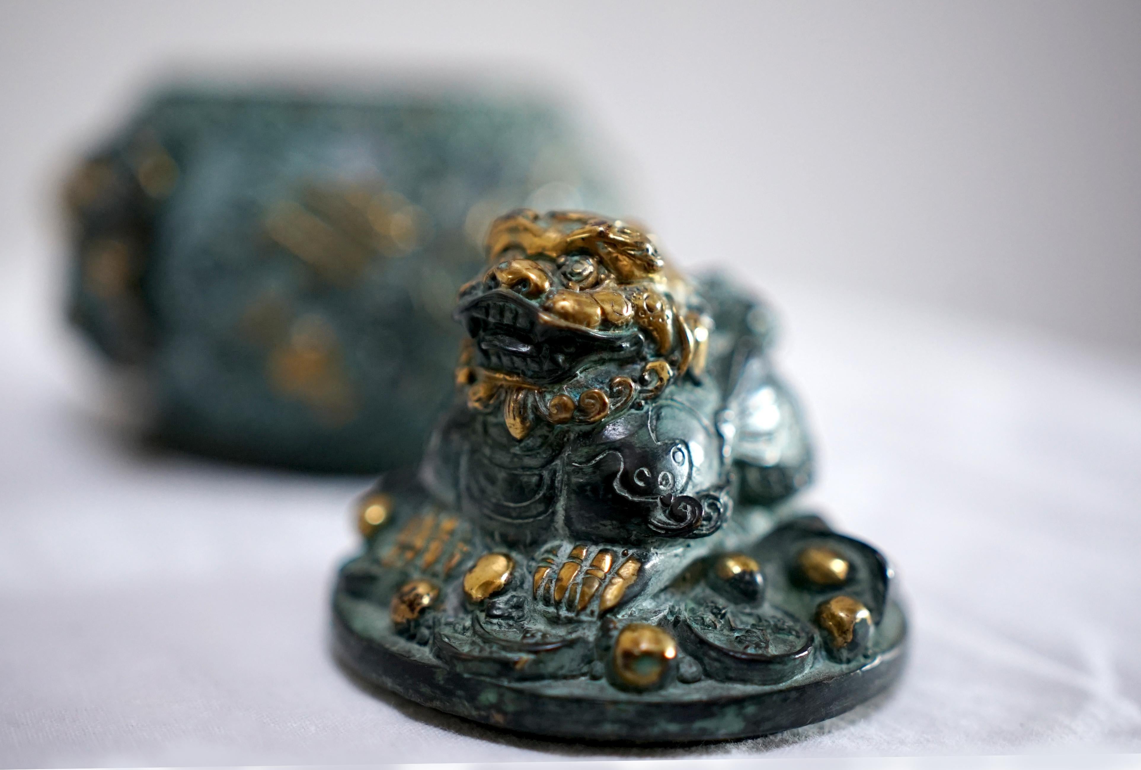 Chinese Censer Mid-Century Bronze with Asiatic Lion and Gilt For Sale 1