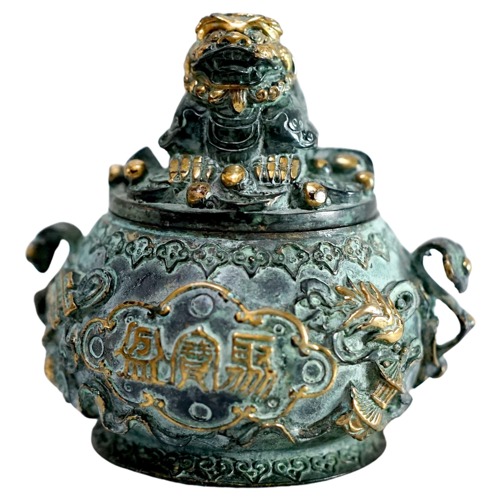 Chinese Censer Mid-Century Bronze with Asiatic Lion and Gilt For Sale