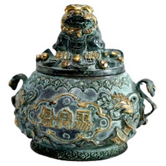 Chinese Censer Mid-Century Bronze with Asiatic Lion and Gilt