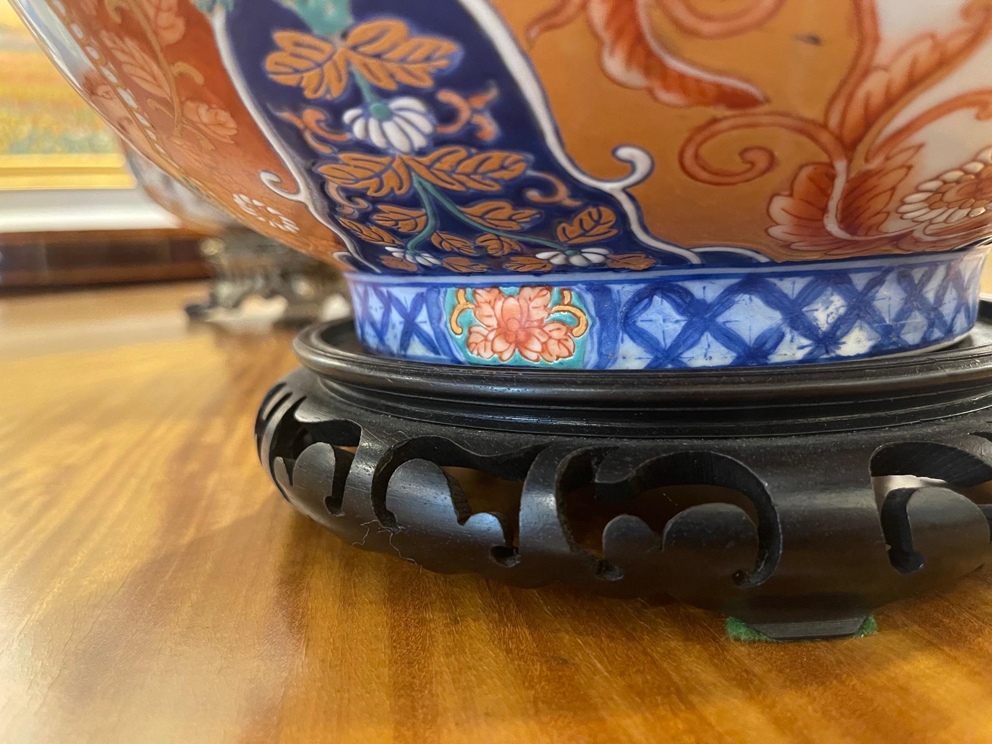 Porcelain Chinese Center or Punch Bowl on Wood Stand Made by Maitland Smith, 20th Century