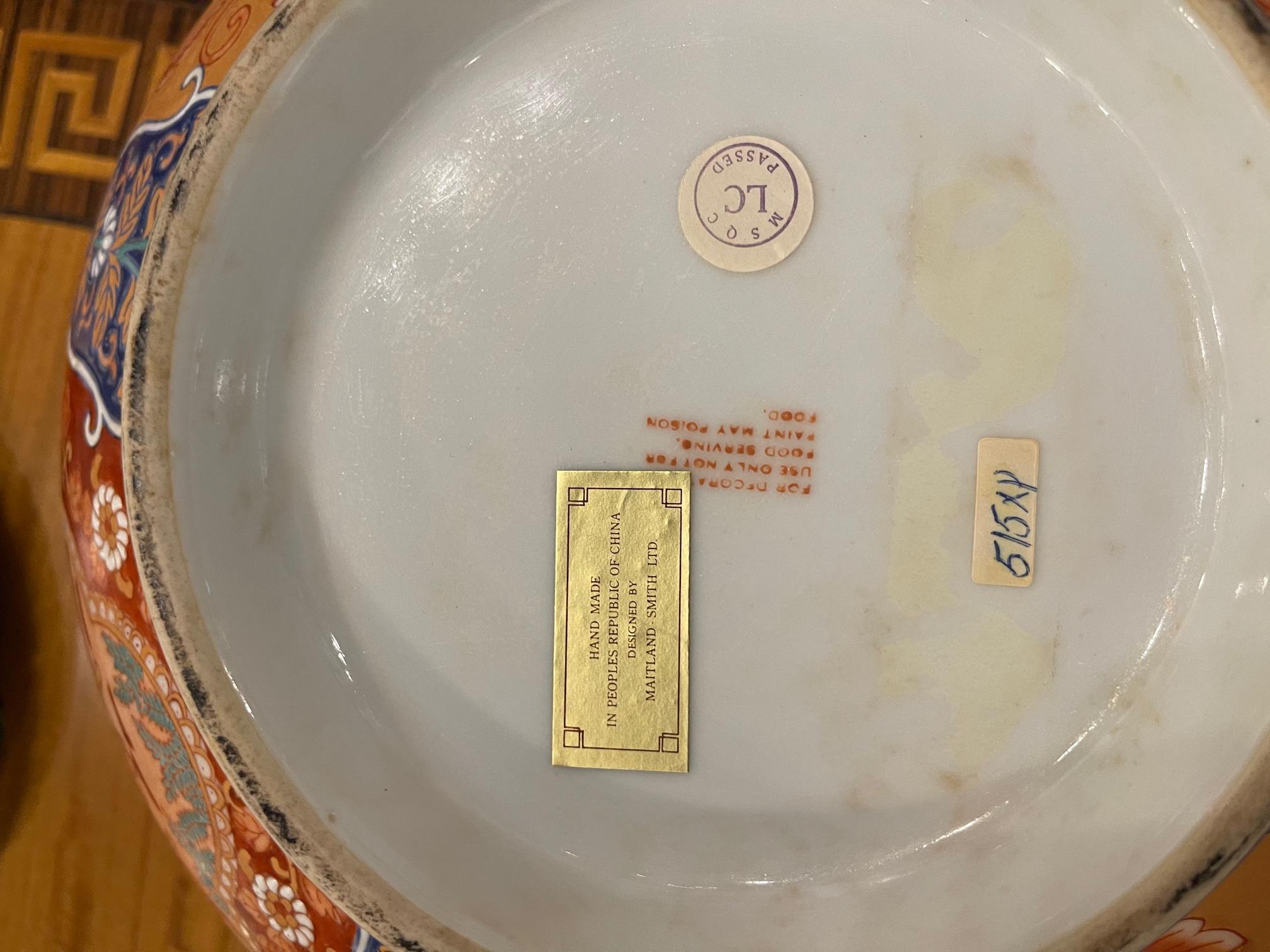 Chinese Center or Punch Bowl on Wood Stand Made by Maitland Smith, 20th Century 1
