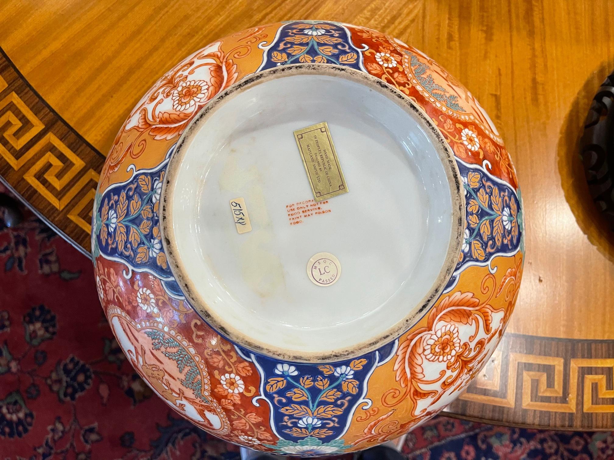 Chinese Center or Punch Bowl on Wood Stand Made by Maitland Smith, 20th Century 2