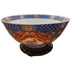 Chinese Center or Punch Bowl on Wood Stand Made by Maitland Smith, 20th Century